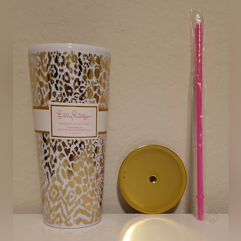 NWT Lilly Pulitzer Gold Leopard Tumbler‎ With Straw - Picture 3 of 10